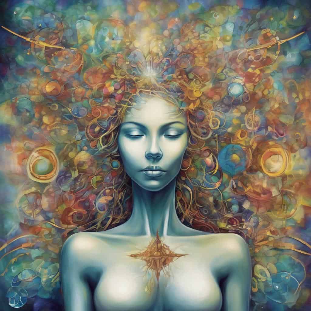 Πλάσμα γυναίκας με πολύχρωμο και εκρηκτικό αφηρημένο φόντο, εικόνα ενέργειας και αποφασιστικότητας.