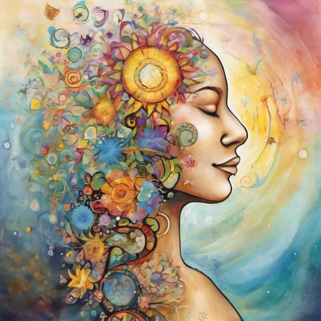 Ανθρώπινο πρόσωπο με πολύχρωμο αφαιρετικό σχέδιο και ενέργεια αποφασιστικότητας.