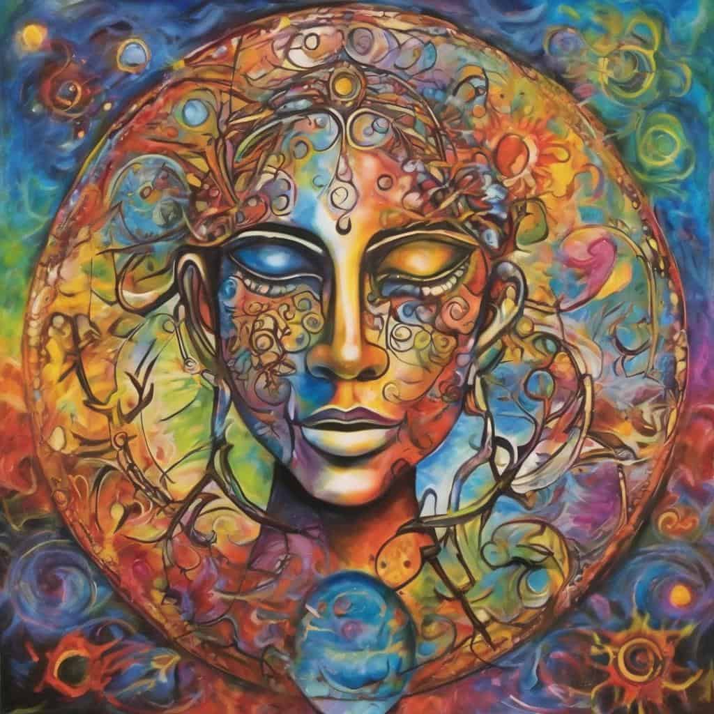 Όμορφη ζωγραφιά με έντονα χρώματα και συμβολικά στοιχεία εστίασης.