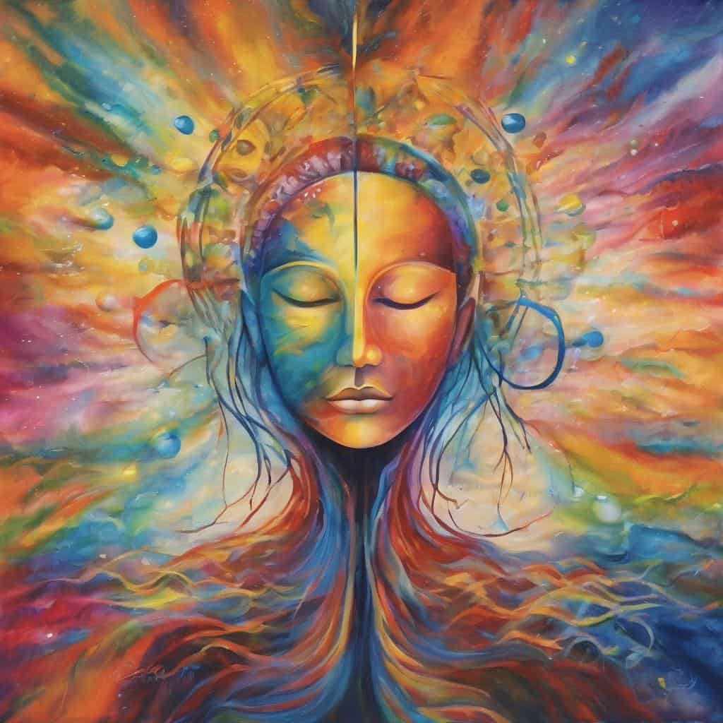 Ανθρώπινη μορφή με δυναμική ενέργεια και επιλογές αποφασιστικότητας, σε πολύχρωμο αφηρημένο στυλ.